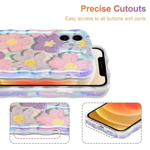 EYZUTAK Case for iPhone 12, Colorful Retro Oil Painting Flower Laser Glossy Design Cute Curly Waves Edge Exquisite Phone Cover Stylish Durable TPU Protective Case for Girls Women - Pink Purple - 5