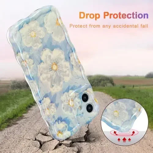 EYZUTAK Case for iPhone 12, Colorful Retro Oil Painting Flower Laser Glossy Pattern Cute Curly Wave Border Exquisite Phone Cover Stylish Durable TPU Protective Case for Girls Women - Light Blue - 3