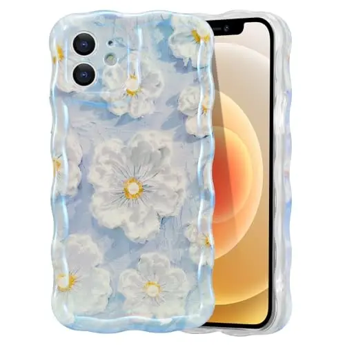 EYZUTAK Case for iPhone 12, Colorful Retro Oil Painting Flower Laser Glossy Pattern Cute Curly Wave Border Exquisite Phone Cover Stylish Durable TPU Protective Case for Girls Women - Light Blue 