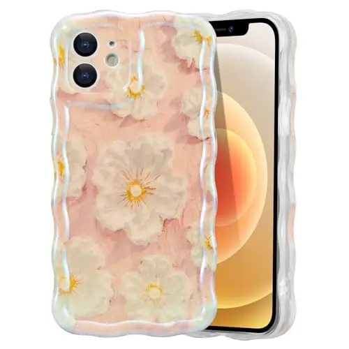 EYZUTAK Case for iPhone 12, Colorful Retro Oil Painting Flower Laser Glossy Pattern Cute Curly Wave Border Exquisite Phone Cover Stylish Durable TPU Protective Case for Girls Women - Light Pink - EYZUTAK