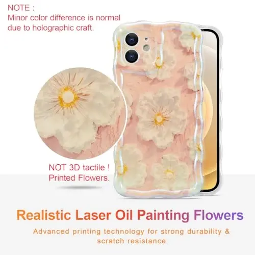 EYZUTAK Case for iPhone 12, Colorful Retro Oil Painting Flower Laser Glossy Pattern Cute Curly Wave Border Exquisite Phone Cover Stylish Durable TPU Protective Case for Girls Women - Light Pink - EYZUTAK (1)