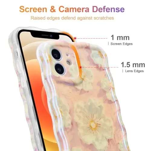 EYZUTAK Case for iPhone 12, Colorful Retro Oil Painting Flower Laser Glossy Pattern Cute Curly Wave Border Exquisite Phone Cover Stylish Durable TPU Protective Case for Girls Women - Light Pink - 4