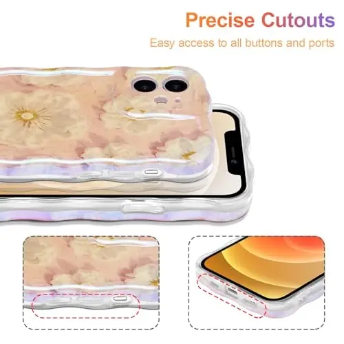 EYZUTAK Case for iPhone 12, Colorful Retro Oil Painting Flower Laser Glossy Pattern Cute Curly Wave Border Exquisite Phone Cover Stylish Durable TPU Protective Case for Girls Women - Light Pink - 5