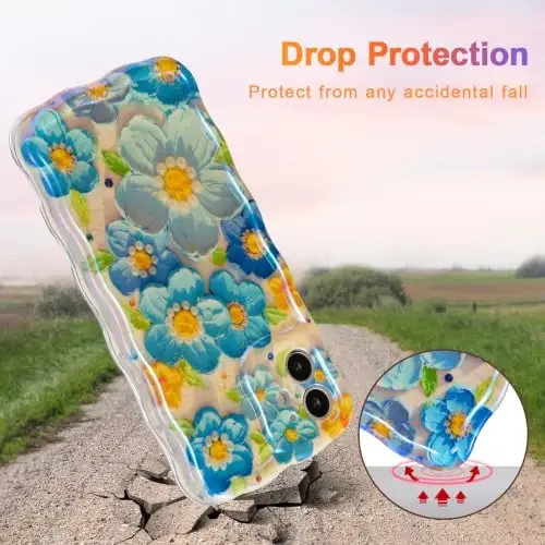 EYZUTAK Case for iPhone 12, Colorful Retro Oil Painting Flower Laser Glossy Pattern Cute Curly Wave Edge Exquisite Phone Cover Stylish Durable TPU Protective Case for Girl Women - Blue - 3