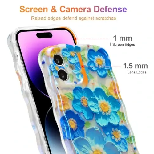 EYZUTAK Case for iPhone 12, Colorful Retro Oil Painting Flower Laser Glossy Pattern Cute Curly Wave Edge Exquisite Phone Cover Stylish Durable TPU Protective Case for Girl Women - Blue - 4