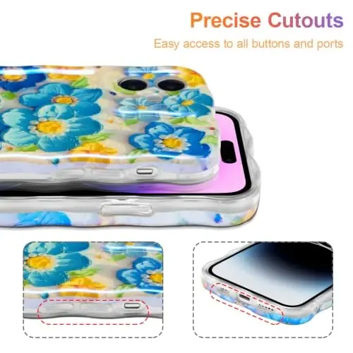 EYZUTAK Case for iPhone 12, Colorful Retro Oil Painting Flower Laser Glossy Pattern Cute Curly Wave Edge Exquisite Phone Cover Stylish Durable TPU Protective Case for Girl Women - Blue - 5