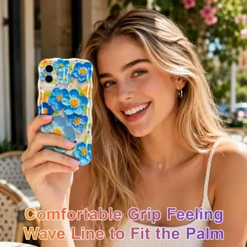 EYZUTAK Case for iPhone 12, Colorful Retro Oil Painting Flower Laser Glossy Pattern Cute Curly Wave Edge Exquisite Phone Cover Stylish Durable TPU Protective Case for Girl Women - Blue - 6