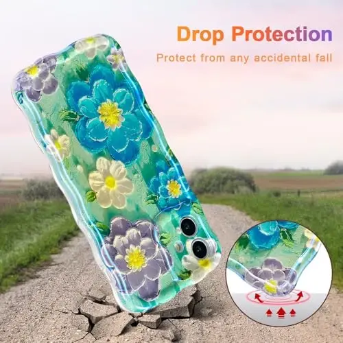 EYZUTAK Case for iPhone 12, Colorful Retro Oil Painting Flower Laser Glossy Pattern Cute Curly Wave Edge Exquisite Phone Cover Stylish Durable TPU Protective Case for Girl Women - Blue Purple - 3