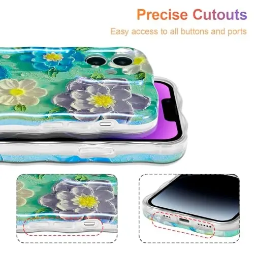 EYZUTAK Case for iPhone 12, Colorful Retro Oil Painting Flower Laser Glossy Pattern Cute Curly Wave Edge Exquisite Phone Cover Stylish Durable TPU Protective Case for Girl Women - Blue Purple - 5