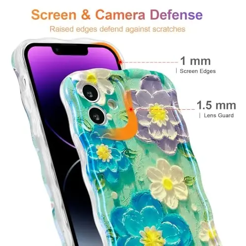 EYZUTAK Case for iPhone 12, Colorful Retro Oil Painting Flower Laser Glossy Pattern Cute Curly Wave Edge Exquisite Phone Cover Stylish Durable TPU Protective Case for Girl Women - Blue Purple - 4