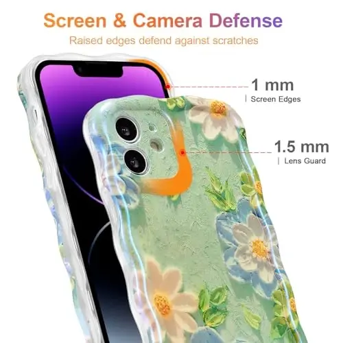 EYZUTAK Case for iPhone 12, Colorful Retro Oil Painting Flower Laser Glossy Pattern Cute Curly Wave Edge Exquisite Phone Cover Stylish Durable TPU Protective Case for Girl Women - Blue White - 4
