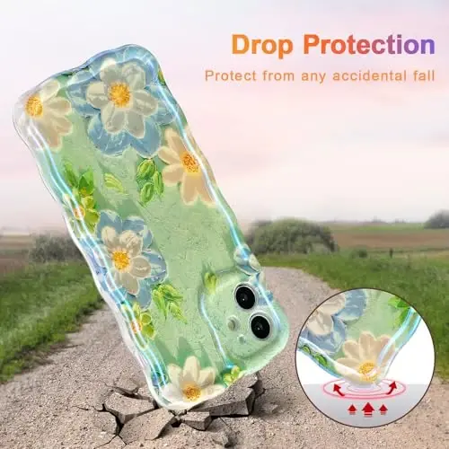 EYZUTAK Case for iPhone 12, Colorful Retro Oil Painting Flower Laser Glossy Pattern Cute Curly Wave Edge Exquisite Phone Cover Stylish Durable TPU Protective Case for Girl Women - Blue White - 3