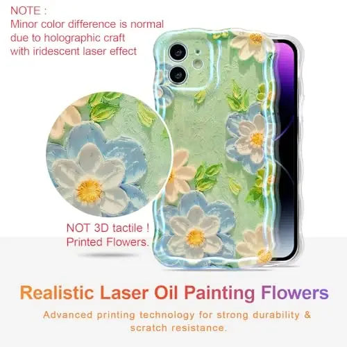 EYZUTAK Case for iPhone 12, Colorful Retro Oil Painting Flower Laser Glossy Pattern Cute Curly Wave Edge Exquisite Phone Cover Stylish Durable TPU Protective Case for Girl Women - Blue White - 2