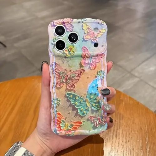 EYZUTAK Case for iPhone 12, Colorful Retro Oil Painting Flower Laser Glossy Pattern Cute Curly Wave Edge Exquisite Phone Cover Stylish Durable TPU Protective Case for Girl Women - Butterflies - 5