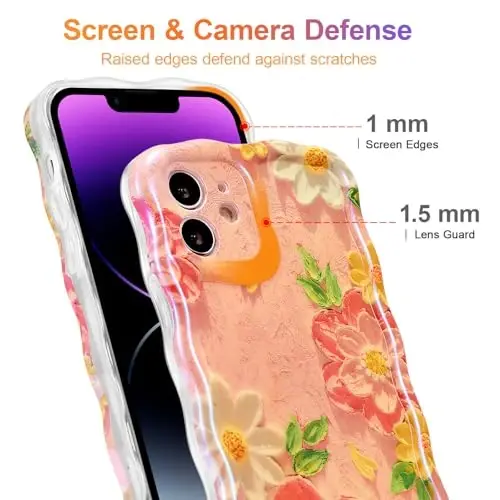 EYZUTAK Case for iPhone 12, Colorful Retro Oil Painting Flower Laser Glossy Pattern Cute Curly Wave Edge Exquisite Phone Cover Stylish Durable TPU Protective Case for Girl Women - Pink White - 4