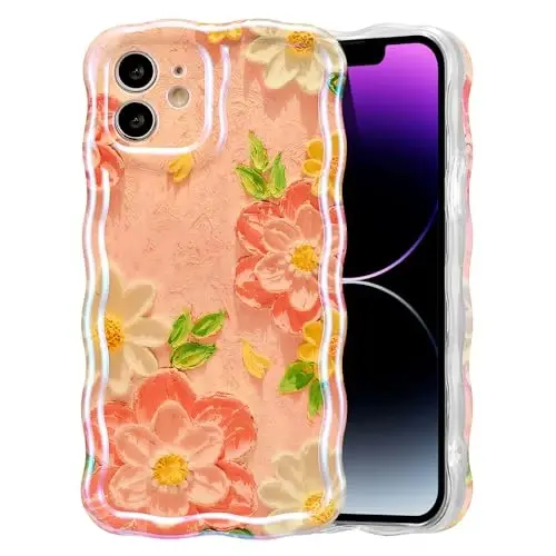EYZUTAK Case for iPhone 12, Colorful Retro Oil Painting Flower Laser Glossy Pattern Cute Curly Wave Edge Exquisite Phone Cover Stylish Durable TPU Protective Case for Girl Women - Pink White - 1