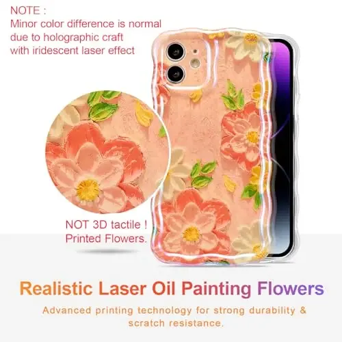 EYZUTAK Case for iPhone 12, Colorful Retro Oil Painting Flower Laser Glossy Pattern Cute Curly Wave Edge Exquisite Phone Cover Stylish Durable TPU Protective Case for Girl Women - Pink White - 2