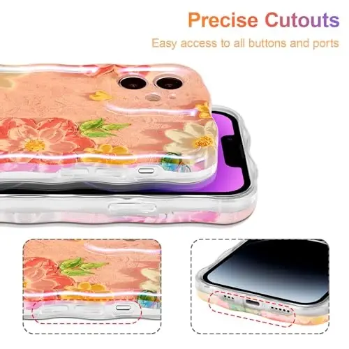 EYZUTAK Case for iPhone 12, Colorful Retro Oil Painting Flower Laser Glossy Pattern Cute Curly Wave Edge Exquisite Phone Cover Stylish Durable TPU Protective Case for Girl Women - Pink White - 5