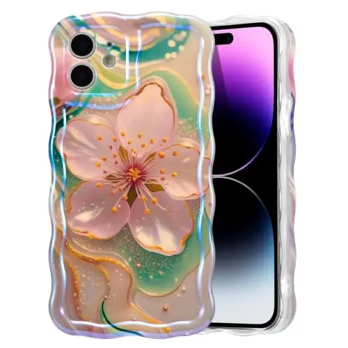 EYZUTAK Case for iPhone 12, Colorful Retro Oil Painting Flower Laser Glossy Pattern Cute Curly Wave Edge Exquisite Phone Cover Stylish Durable TPU Protective Case for Girl Women - Sakura 