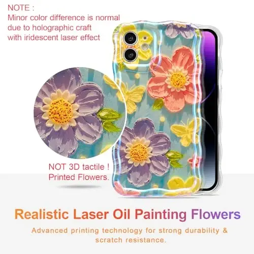 EYZUTAK Case for iPhone 12, Colorful Retro Oil Painting Flower Laser Glossy Pattern Cute Curly Wave Edge Exquisite Phone Cover Stylish Durable TPU Protective Case for Women - Butterfly Flower - 2