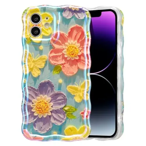 EYZUTAK Case for iPhone 12, Colorful Retro Oil Painting Flower Laser Glossy Pattern Cute Curly Wave Edge Exquisite Phone Cover Stylish Durable TPU Protective Case for Women - Butterfly Flower - EYZUTAK