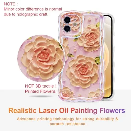EYZUTAK Case for iPhone 12, Colorful Retro Oil Painting Flower Laser Glossy Pattern Cute Curly Waves Edge Exquisite Phone Cover Stylish Durable TPU Protective Case for Girls Women - Pink Peony - 2