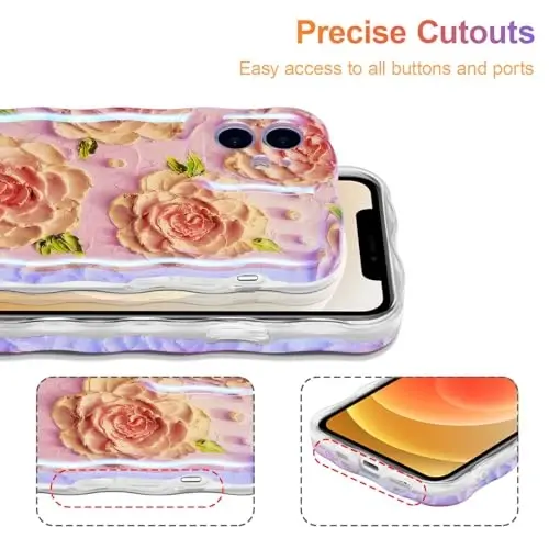EYZUTAK Case for iPhone 12, Colorful Retro Oil Painting Flower Laser Glossy Pattern Cute Curly Waves Edge Exquisite Phone Cover Stylish Durable TPU Protective Case for Girls Women - Pink Peony - 5