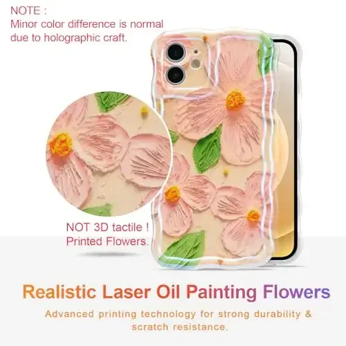EYZUTAK Case for iPhone 12, Colorful Retro Oil Painting Flower Leaves Laser Glossy Pattern Cute Curly Waves Edge Exquisite Phone Cover Stylish Durable TPU Protective Case for Girls Women - Pink Green - EYZUTAK (1)