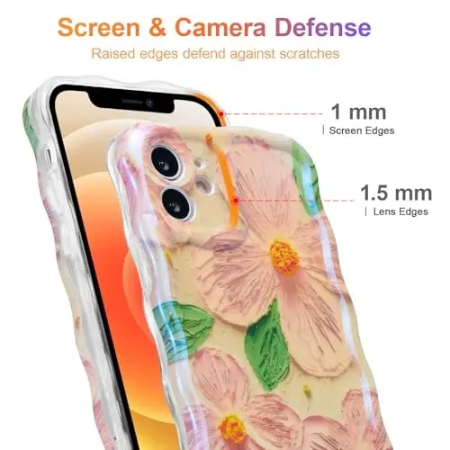 EYZUTAK Case for iPhone 12, Colorful Retro Oil Painting Flower Leaves Laser Glossy Pattern Cute Curly Waves Edge Exquisite Phone Cover Stylish Durable TPU Protective Case for Girls Women - Pink Green - 4