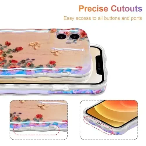 EYZUTAK Case for iPhone 12, Colorful Retro Oil Painting Printed Flower Laser Beam Glossy Pattern Cute Curly Waves Border Exquisite Phone Cover Stylish Durable TPU Protective Case for Girls Women-Beige - 5