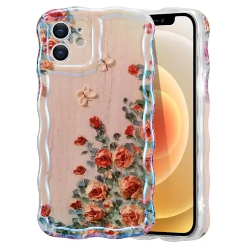 EYZUTAK Case for iPhone 12, Colorful Retro Oil Painting Printed Flower Laser Beam Glossy Pattern Cute Curly Waves Border Exquisite Phone Cover Stylish Durable TPU Protective Case for Girls Women-Beige 