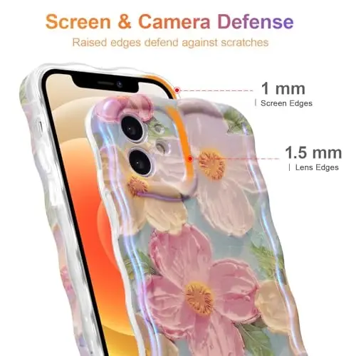 EYZUTAK Case for iPhone 12, Colorful Retro Oil Painting Printed Flower Laser Beam Glossy Pattern Cute Curly Waves Border Exquisite Phone Cover Stylish Durable TPU Protective Case for Girls Women-Green - 4