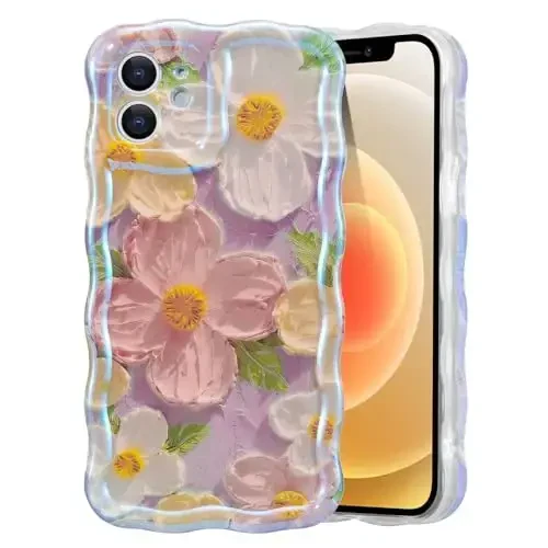 EYZUTAK Case for iPhone 12, Colorful Retro Oil Painting Printed Flower Laser Beam Glossy Pattern Cute Curly Waves Border Exquisite Phone Cover Stylish Durable TPU Protective Case for Girls Women -Pink 