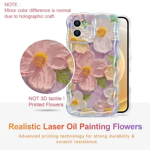 EYZUTAK Case for iPhone 12, Colorful Retro Oil Painting Printed Flower Laser Beam Glossy Pattern Cute Curly Waves Border Exquisite Phone Cover Stylish Durable TPU Protective Case for Girls Women -Pink - EYZUTAK (1)