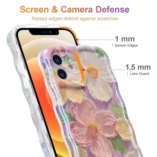 EYZUTAK Case for iPhone 12, Colorful Retro Oil Painting Printed Flower Laser Beam Glossy Pattern Cute Curly Waves Border Exquisite Phone Cover Stylish Durable TPU Protective Case for Girls Women -Pink - 4