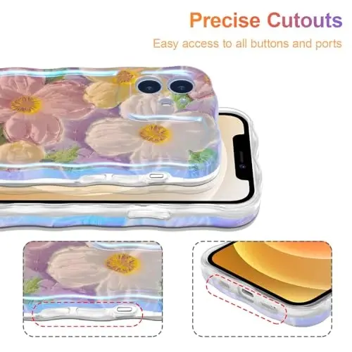 EYZUTAK Case for iPhone 12, Colorful Retro Oil Painting Printed Flower Laser Beam Glossy Pattern Cute Curly Waves Border Exquisite Phone Cover Stylish Durable TPU Protective Case for Girls Women -Pink - 5