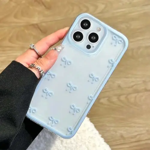 EYZUTAK Case for iPhone 12 Pro, Clear Cute Ribbon Bowknot Pattern Aesthetic Transparent Phone Case Raised Camera Protection Stylish Slim Soft Durable TPU Protective Cover for Women Girls - Blue 