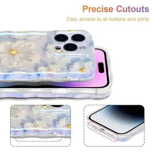 EYZUTAK Case for iPhone 12 Pro, Colorful Retro Oil Painting Flower Laser Glossy Pattern Cute Curly Wave Border Exquisite Phone Cover Stylish Durable TPU Protective Case for Girls Women - Light Blue - 5