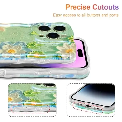 EYZUTAK Case for iPhone 12 Pro, Colorful Retro Oil Painting Flower Laser Glossy Pattern Cute Curly Wave Edge Exquisite Phone Cover Stylish Durable TPU Protective Case for Girl Women - Blue White - 5