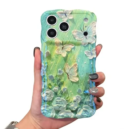 EYZUTAK Case for iPhone 12 Pro, Colorful Retro Oil Painting Flower Laser Glossy Pattern Cute Curly Wave Edge Exquisite Phone Cover Stylish Durable TPU Protective Case for Women - Butterfly Green 