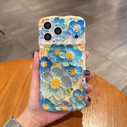 EYZUTAK Case for iPhone 12 Pro, Colorful Retro Oil Painting Flower Laser Glossy Pattern Cute Curly Wave Edge Exquisite Phone Cover Stylish Durable TPU Protective Case for Girl Women - Blue - 4