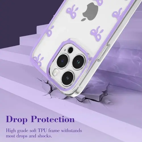 EYZUTAK Case for iPhone 12 Pro Max, Clear Cute Ribbon Bowknot Pattern Aesthetic Transparent Phone Case Raised Camera Protection Stylish Slim Soft Durable TPU Protective Cover for Women Girls - Purple - 3