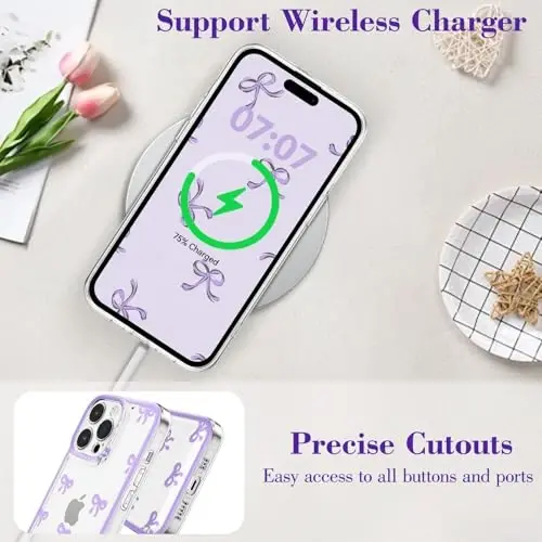 EYZUTAK Case for iPhone 12 Pro Max, Clear Cute Ribbon Bowknot Pattern Aesthetic Transparent Phone Case Raised Camera Protection Stylish Slim Soft Durable TPU Protective Cover for Women Girls - Purple - 5