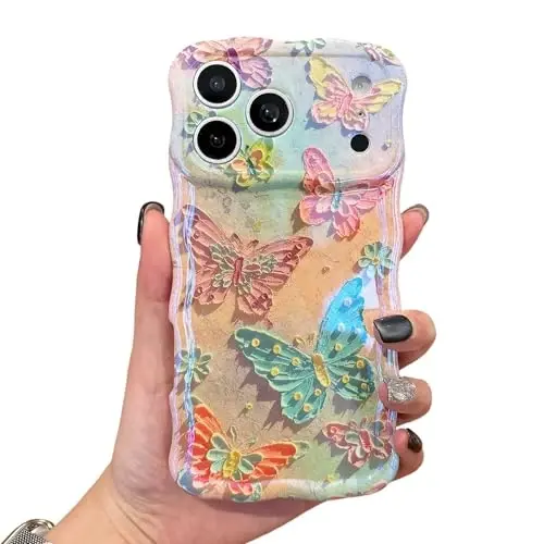 EYZUTAK Case for iPhone 12 Pro Max, Colorful Retro Oil Painting Flower Laser Glossy Pattern Cute Curly Wave Edge Exquisite Phone Cover Stylish Durable TPU Protective Case for Girl Women - Butterflies 