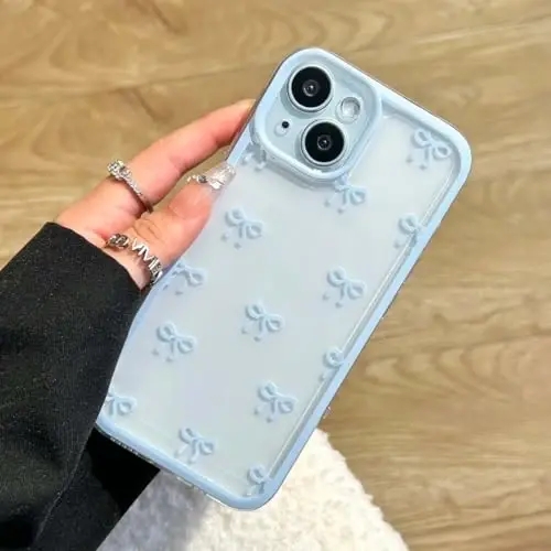 EYZUTAK Case for iPhone 13, Clear Cute Ribbon Bowknot Pattern Aesthetic Transparent Phone Case Raised Camera Protection Stylish Slim Soft Durable TPU Protective Cover for Women Girls - Blue 