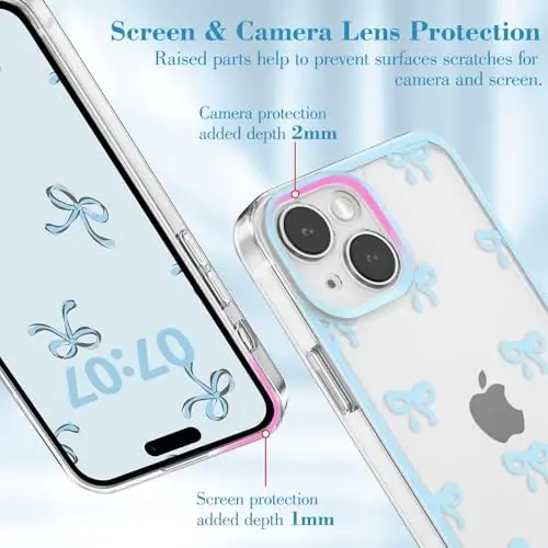 EYZUTAK Case for iPhone 13, Clear Cute Ribbon Bowknot Pattern Aesthetic Transparent Phone Case Raised Camera Protection Stylish Slim Soft Durable TPU Protective Cover for Women Girls - Blue - 2