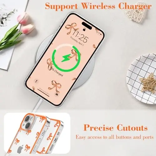 EYZUTAK Case for iPhone 13, Clear Cute Ribbon Bowknot Pattern Aesthetic Transparent Phone Case Raised Camera Protection Stylish Slim Soft Durable TPU Protective Cover for Women Girls - Orange - 5