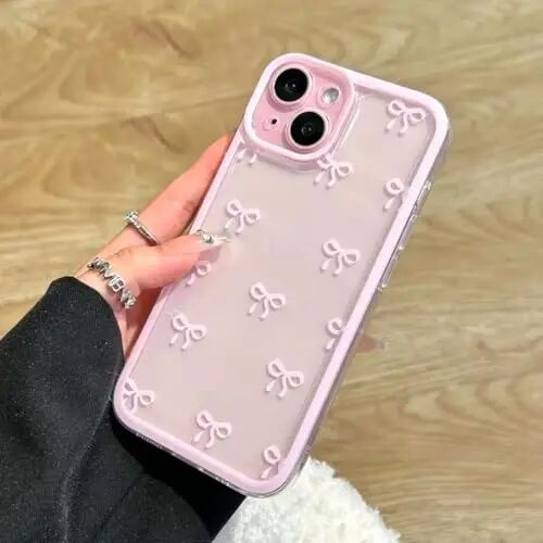EYZUTAK Case for iPhone 13, Clear Cute Ribbon Bowknot Pattern Aesthetic Transparent Phone Case Raised Camera Protection Stylish Slim Soft Durable TPU Protective Cover for Women Girls - Pink - 1