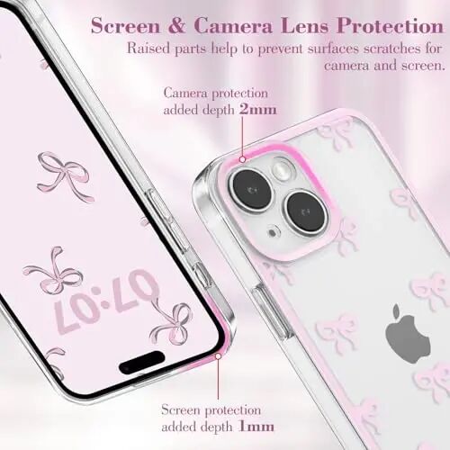 EYZUTAK Case for iPhone 13, Clear Cute Ribbon Bowknot Pattern Aesthetic Transparent Phone Case Raised Camera Protection Stylish Slim Soft Durable TPU Protective Cover for Women Girls - Pink - 2