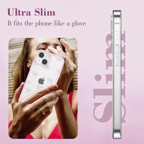 EYZUTAK Case for iPhone 13, Clear Cute Ribbon Bowknot Pattern Aesthetic Transparent Phone Case Raised Camera Protection Stylish Slim Soft Durable TPU Protective Cover for Women Girls - Pink - 4